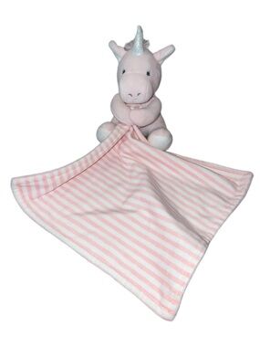 Bon Bebe Baby Unicorn Plush Security Blanket Lovey Pink White Stripe Sewn Eyes